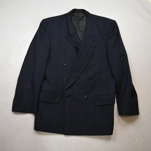 Vtg Double Breasted 38S Blue Glenn Check 100% Wool Mens Blazer Jacket Sport Coat